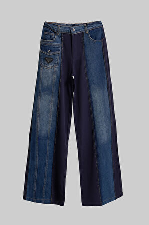Kadın Mavi Renk Çift Parça Kumaş Bol Kesim Özel Tasarım Denim Jean
