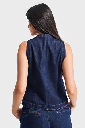 Kadın İndigo Renk 7s5-50 Kemer Boy Önü Düğmeli %100 Koton Sıfır Kol Denim Yelek