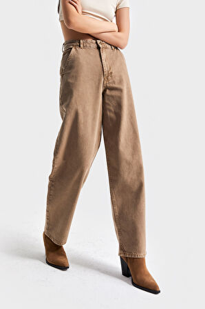 Kadın Kahve Renk 3w5-76 Skater Fit Bol Kesim %100 Koton İç Boy 78cm Denim Jean