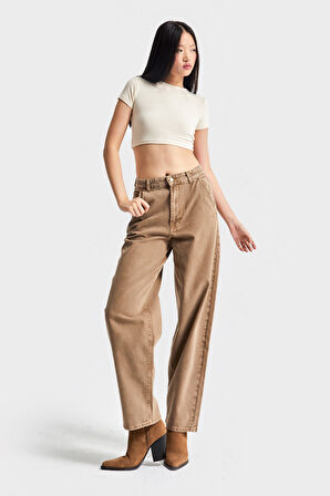 Kadın Kahve Renk 3w5-76 Skater Fit Bol Kesim %100 Koton İç Boy 78cm Denim Jean