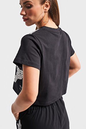 Kadın Siyah Renk Beyaz Dantel Detaylı Tasarım %100 Pamuk T-Shirt