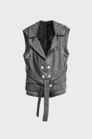 Kadın Gri Renk Kruvaze Kesim İçi Astarlı Kemer Detaylı Özel Tasarım Yelek