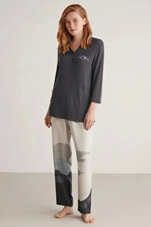 W604 Kadın Patlı V Yaka Uzun Kollu Pijama Takımı