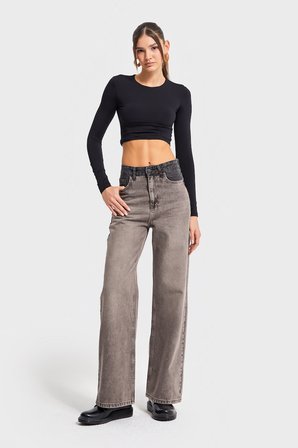Kadın Taş Kahve Renk 4w5-16 Wide Leg Fit %100 Koton Tasarım Denim Jean