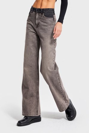 Kadın Taş Kahve Renk 4w5-16 Wide Leg Fit %100 Koton Tasarım Denim Jean