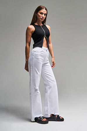 Kadın Beyaz Renk 13s5-2 Straight Fit Yüksek Bel %100 Koton Yırtık Detaylı Denim Jean