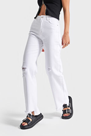 Kadın Beyaz Renk 13s5-2 Straight Fit Yüksek Bel %100 Koton Yırtık Detaylı Denim Jean