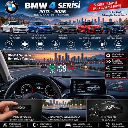 Bmw 4 serisi 2013-2026 modeller için head up display hayalet gösterge ekranı ön cam hız göstergesi