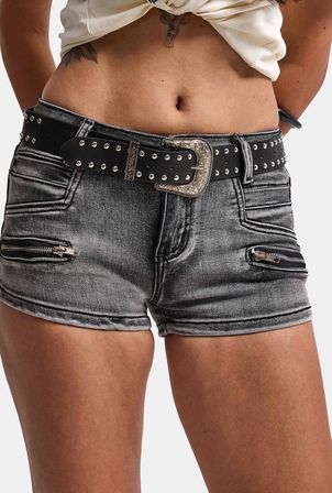 Kadın Koyu Füme Mini Kemer Dahil Özel Tasarım Denim Şort