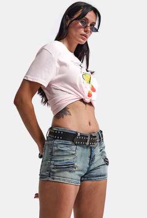 Kadın Kot Rengi Mini Kemer Dahil Özel Tasarım Denim Şort