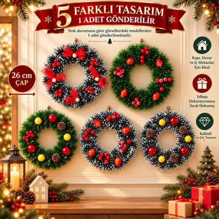 BakGelAl 26 cm Yılbaşı Kapı Süsü Çelengi, Kokina ve Kozalak Detaylı Yeni Yıl Duvar ve Ev Dekoru (1 Adet)