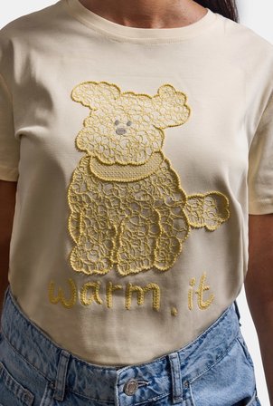 Kadın Bej Bol Kesim Köpüş Nakış Tasarım T-Shirt