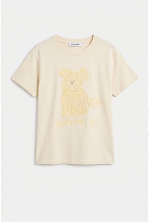 Kadın Bej Bol Kesim Köpüş Nakış Tasarım T-Shirt