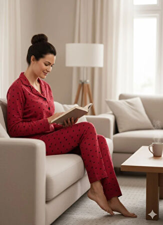 KADIN KIRMIZI DÜĞMELİ PİJAMA TAKIM