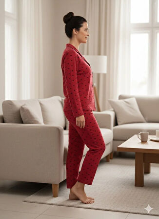 KADIN KIRMIZI DÜĞMELİ PİJAMA TAKIM