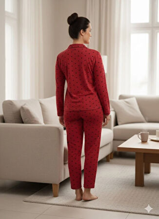 KADIN KIRMIZI DÜĞMELİ PİJAMA TAKIM