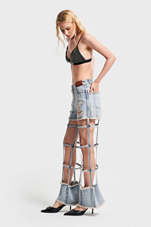 Kadın Kot Rengi Pencere Detaylı Tasarım Denim