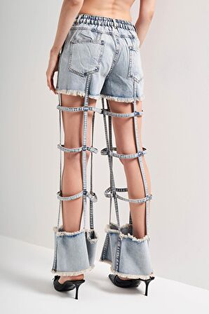 Kadın Kot Rengi Pencere Detaylı Tasarım Denim