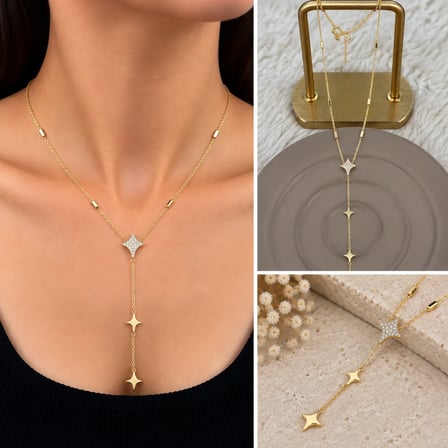 💎 Premium Parlak ve Şık Taşlı Yıldız Detaylı Sallantılı Gold Renk Y Model Kadın Çelik Kolye (45 cm)