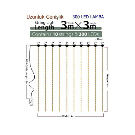  8 Fonksiyonlu Peri Perde Led Uzaktan Kumandalı Günışığı Perde Peri Led (3 mt x 3 mt)