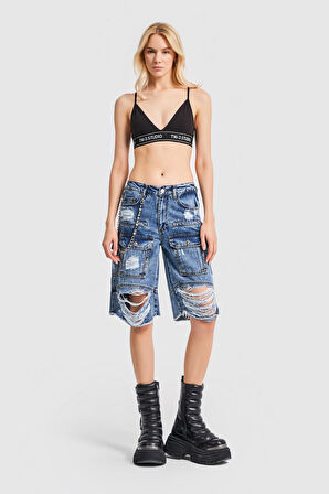 Kadın Kot Rengi Midi Boy Yırtık Detaytlı Tasarım Denim Şort