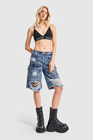 Kadın Kot Rengi Midi Boy Yırtık Detaytlı Tasarım Denim Şort