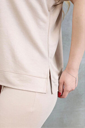 Osy Modal Yumuşak Dokulu Kumaş Bisiklet Yaka Kısa Kollu Takım - Bej