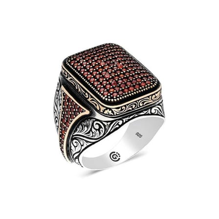 💎 Premium 925 Ayar İthal Gümüş Kırmızı Zirkon Taşlı Kare Erkek Yüzük - 30 Ölçü