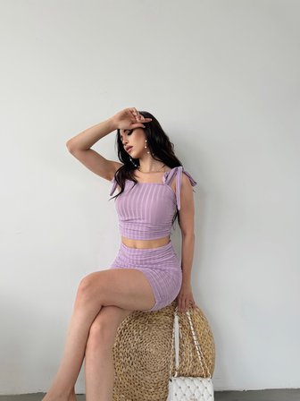 Bağcık Detaylı Crop Bluz Ve Etek İkili Takım - LİLA - S