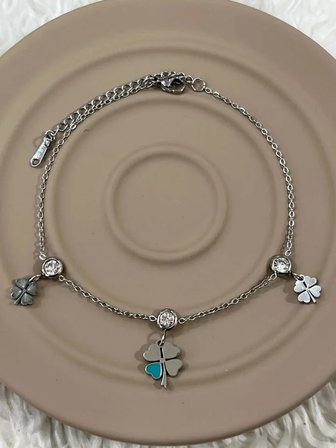 💎 Premium Parlak Gümüş Renk Şans Yoncalı Taşlı 316L Çelik Kadın Halhal (25cm)