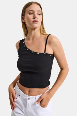 Kadın Siyah w5 Drop Detaylı Tek Kol Askılı Özel Elastan Kumaş Body