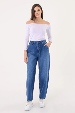 Kadın Mavi Bol Paça Baggy Pantolon