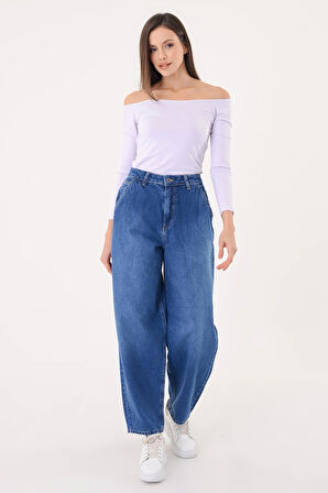 Kadın Mavi Bol Paça Baggy Pantolon