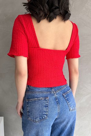 Sırt Dekolteli Basic Gofre Bluz - KIRMIZI - L