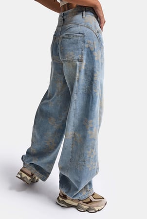 Kadın Mavi Baggy Fit T11T Özel Desenli Kumaş Tasarım Denim Jean