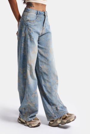 Kadın Mavi Baggy Fit T11T Özel Desenli Kumaş Tasarım Denim Jean