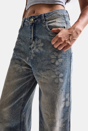 Kadın Mavi Baggy Fit T12T Özel Desenli Kumaş Parlak Taşlı Tasarım Denim Jean