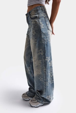 Kadın Mavi Baggy Fit T12T Özel Desenli Kumaş Parlak Taşlı Tasarım Denim Jean