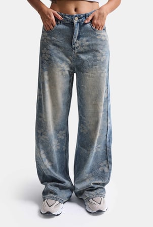 Kadın Mavi Baggy Fit T12T Özel Desenli Kumaş Parlak Taşlı Tasarım Denim Jean