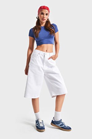 Kadın Beyaz Renk 5s5-2 Maxi Boy Beli Lastikli %100 Koton İç Göstermez Denim Bermuda Şort