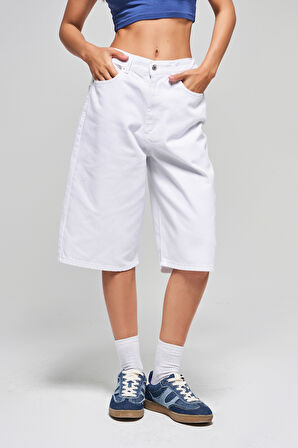 Kadın Beyaz Renk 5s5-2 Maxi Boy Beli Lastikli %100 Koton İç Göstermez Denim Bermuda Şort