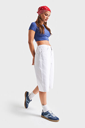 Kadın Beyaz Renk 5s5-2 Maxi Boy Beli Lastikli %100 Koton İç Göstermez Denim Bermuda Şort