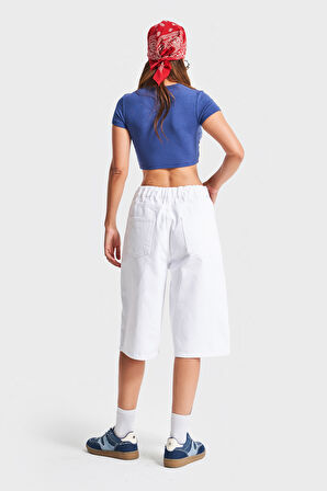 Kadın Beyaz Renk 5s5-2 Maxi Boy Beli Lastikli %100 Koton İç Göstermez Denim Bermuda Şort