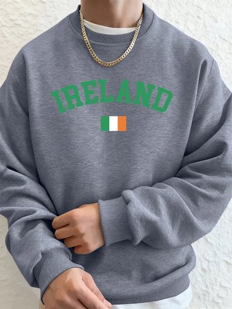 İrlanda Bayrağı Baskılı Erkek Sweatshirtleri Kışlık Bisiklet Yaka Kapüşonlu Sokak Stili Polar