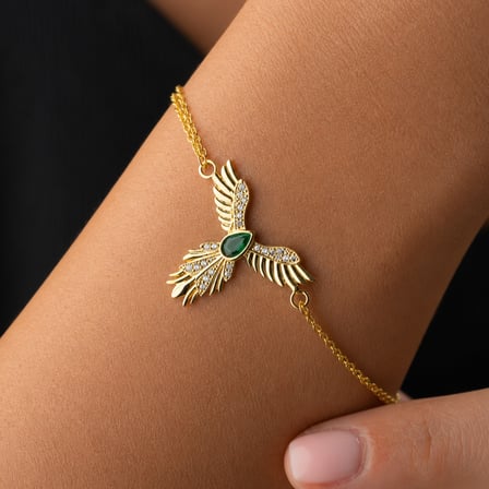 💎 Premium Parlak ve Şık Anka Kuşu Figürlü Gold Renk 925 Ayar Gümüş Kadın Bileklik (20 cm)