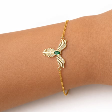💎 Premium Parlak ve Şık Anka Kuşu Figürlü Gold Renk 925 Ayar Gümüş Kadın Bileklik (20 cm)