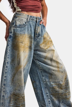 Kadın Kot Rengi Palazzo Fit T14T Özel Yıkama Tasarım Denim Jean