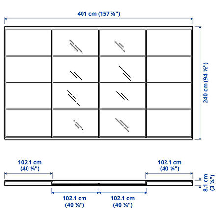 Gömme dolap için sürgü kapak, aynalı cam-ağartılmış meşe kaplama, 401x240 cm