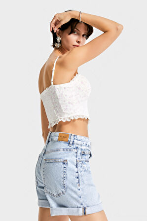 Kadın Snow Kot Rengi 12s5-3 Midi Boy Yırtık Detaylı Duble Paça %100 Koton Denim Şort