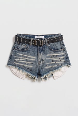 Kadın Kot Rengi Droplu Kemerli Özel Tasarım Denim Şort
